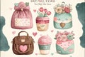 Create a set of vintage, charming, and kawaii watercolor clip art having a Valentine\'s Day theme.